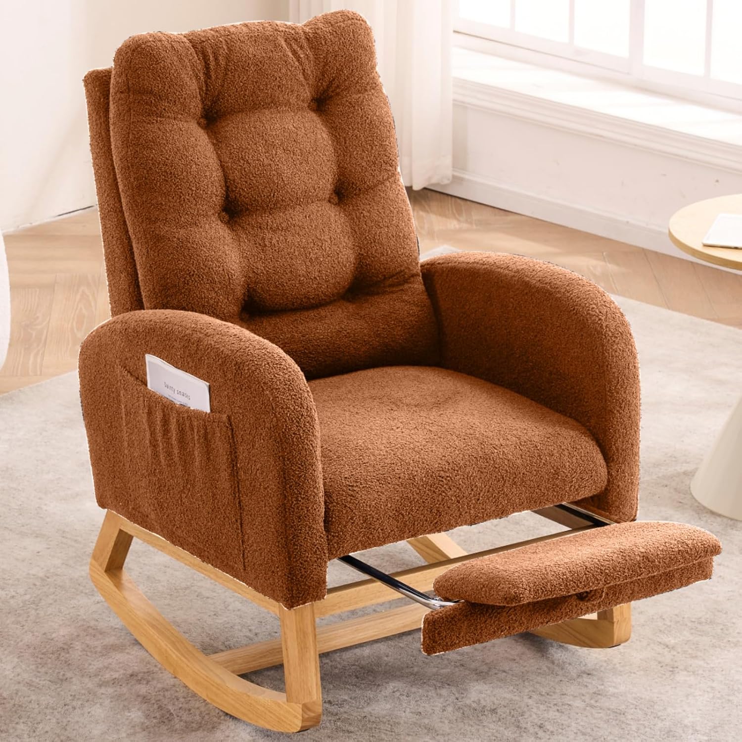 NIOIIKIT Modern Nursery Rocking Chair with Footrest, Teddy Upholstered Recliner Glider Chair with Diamond Shape Back, Tufted Rocking Chair with Side Pocket, Cozy Rocker Reading Chair (Brown)