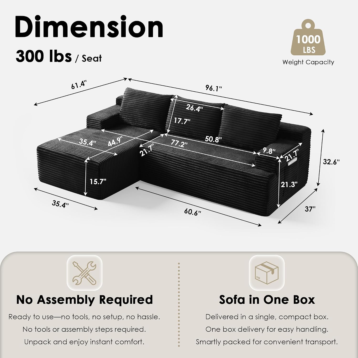 Modular Sectional Sofa Couches, 96" L-Shaped Cloud Boneless Couch with Left Chaise Lounge & Side Pockets for Living Room | No Assembly Required | Corduroy Fabric, Black