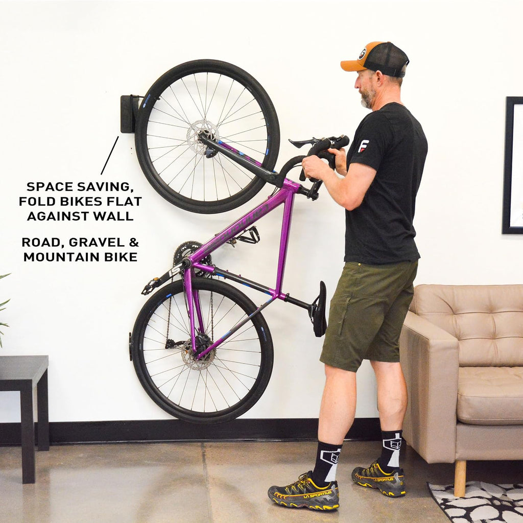 FEEDBACK SPORTS | Velo Hinge 2.0 (Single) Pivoting Swivel Bike Wall Mount | Vertical Bicycle Hanger | Garage Fold Away Bike Hook | Road, Gravel, Mountain Bike Compatible