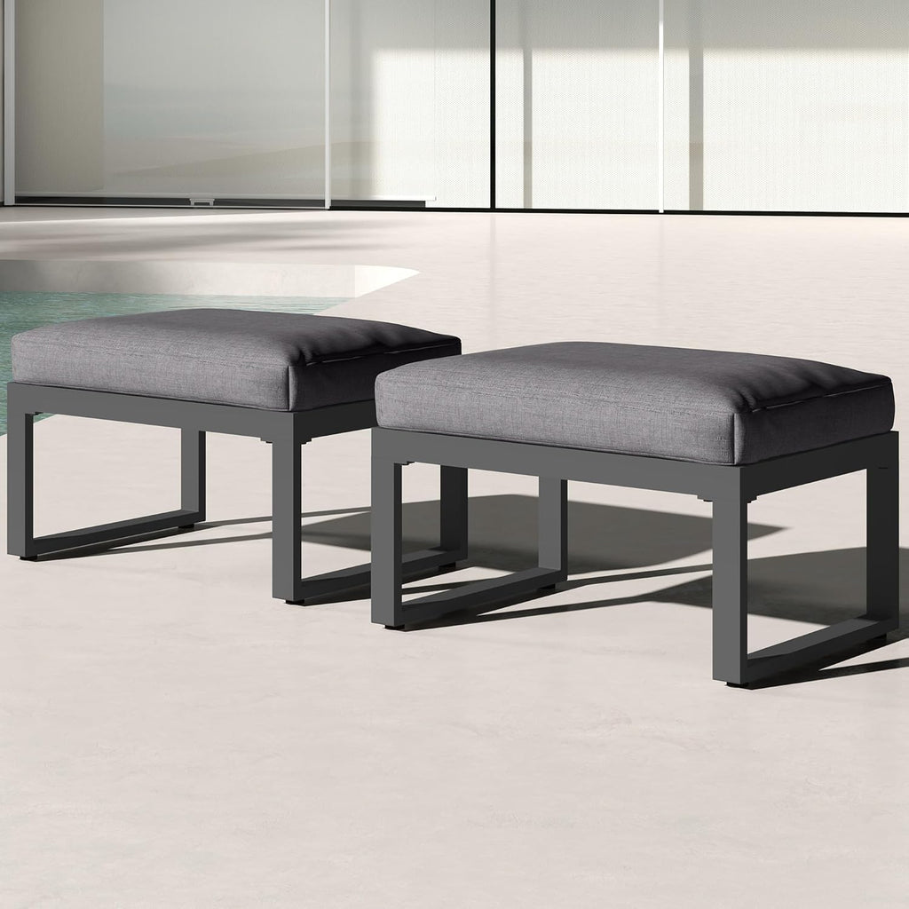 RoyalCraft 2 Pieces Aluminum Outdoor Patio Ottoman Set, Outdoor Foot Stools with Thick Cushion, Small Seat Furniture for Porch Balcony Backyard, Grey