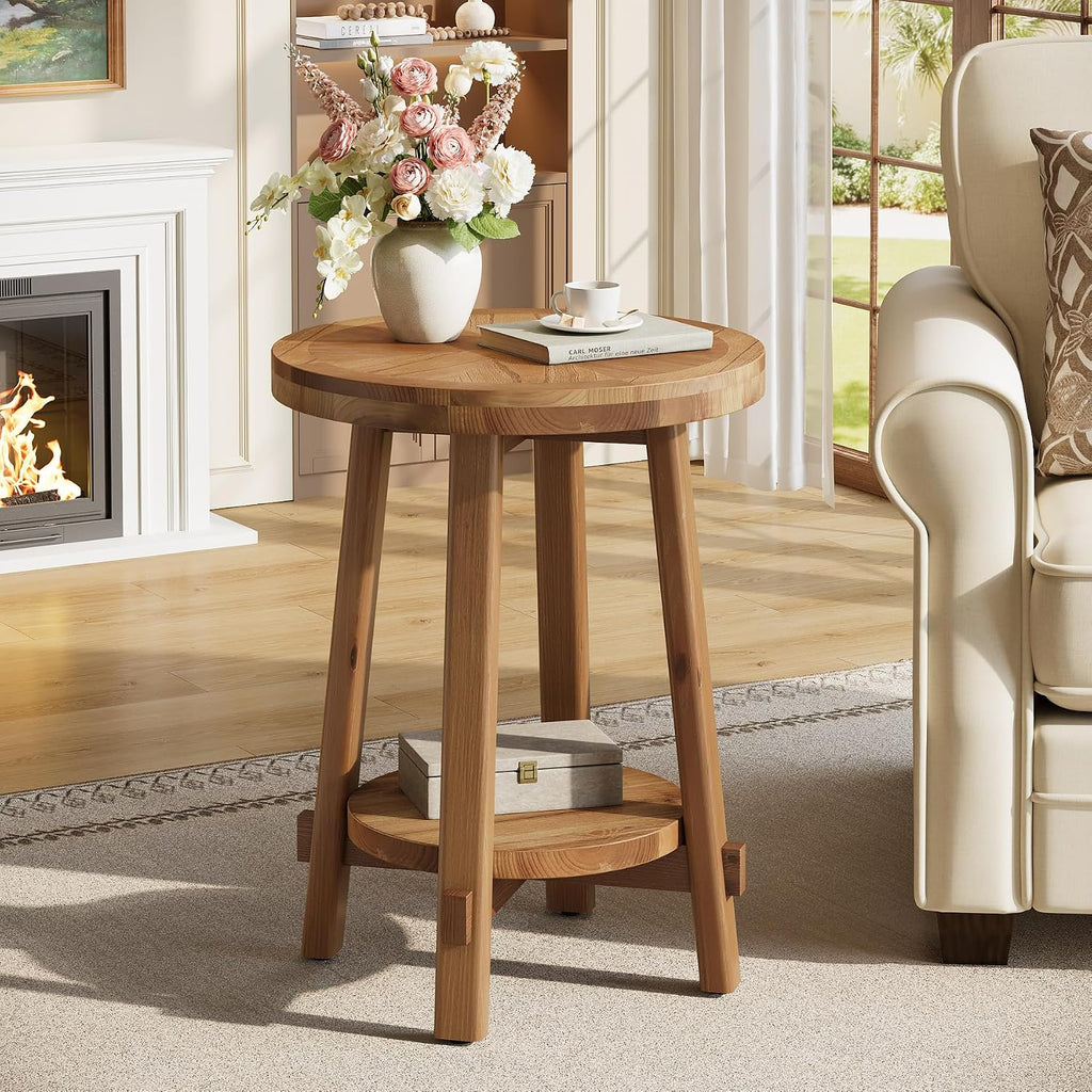Solid Wood Side Table for Living Room, Small Round End Table with 2-Tier Storage, Farmhouse Wooden Circle Bedside Nightstand for Small Spaces, Bedroom, Brown
