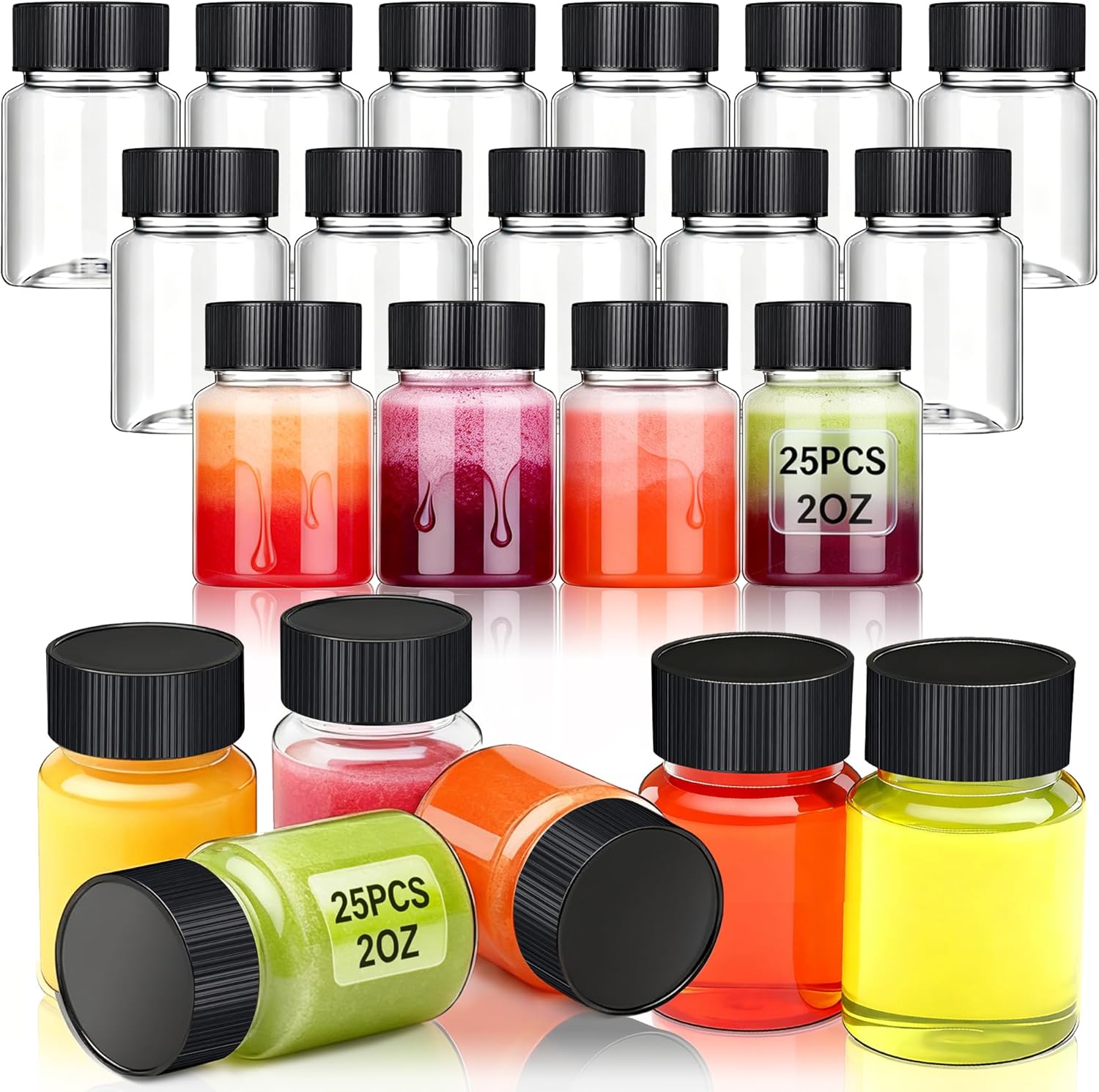 YZXODN 25 Pack 2 oz Plastic Shot Bottles, Wide Mouth Containers with Caps for Ginger, Juice, Liquids, Samples, Reusable Small Empty Travel Bottles for Independence Day DIY, Weddings, Parties