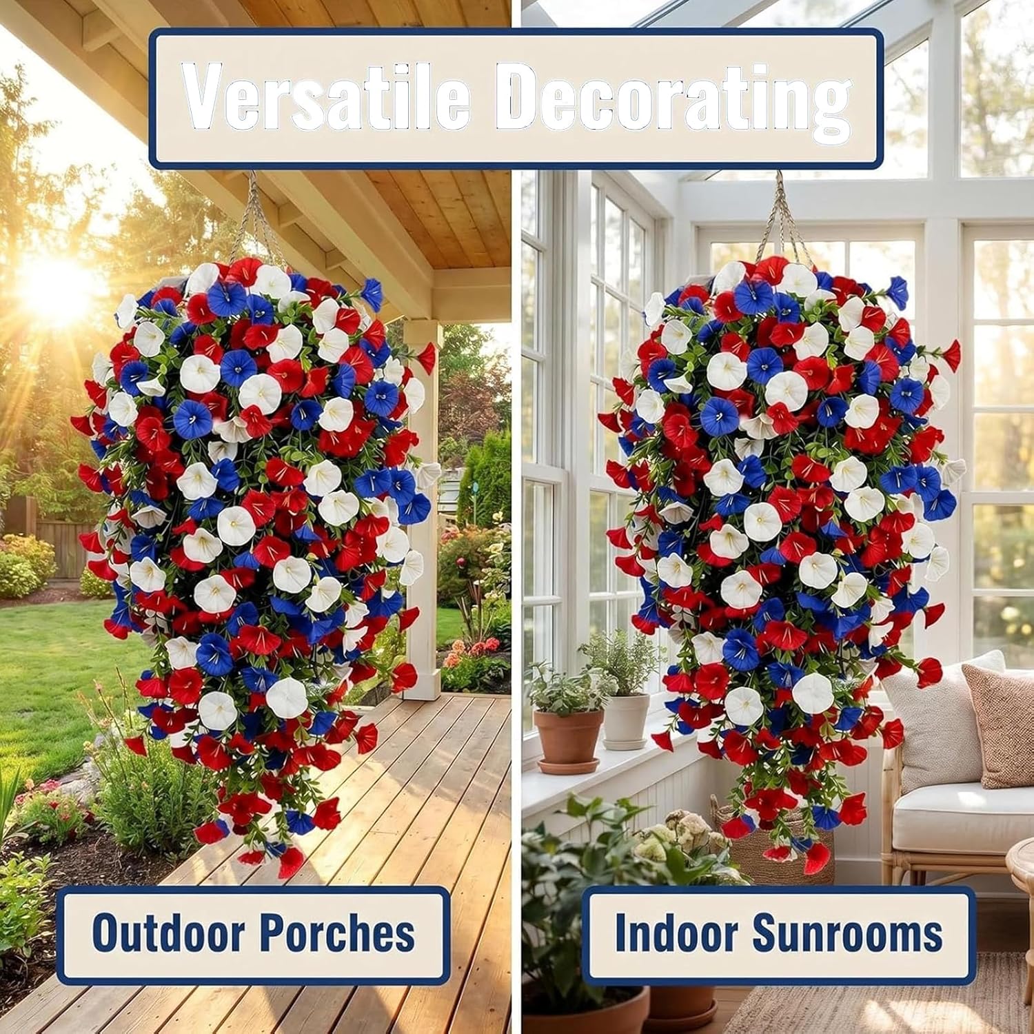Red White and Blue Hanging Flowers, Patriotic Hanging Flower Baskets,Resistant Faux Silk Flowers, for Porch, Yard, Veterans Memorial Day Patio Home