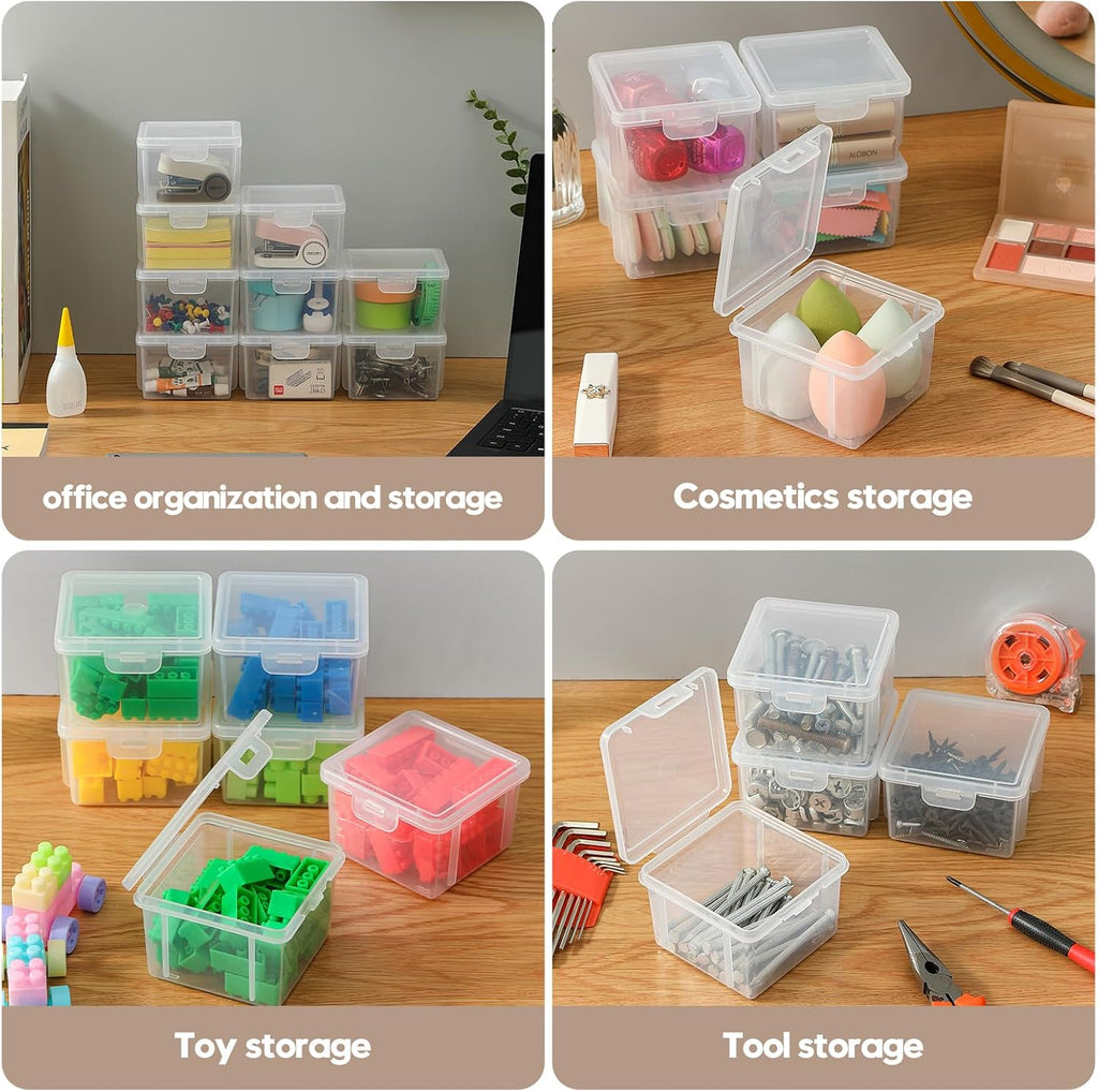 10 Pack Bead Organizer Box, Small Clear Plastic Containers with Lids – Craft Storage for Beads, Crayons, Stickers & Findings – Stackable Classroom Bins with Snap Lid – Clear Square Small
