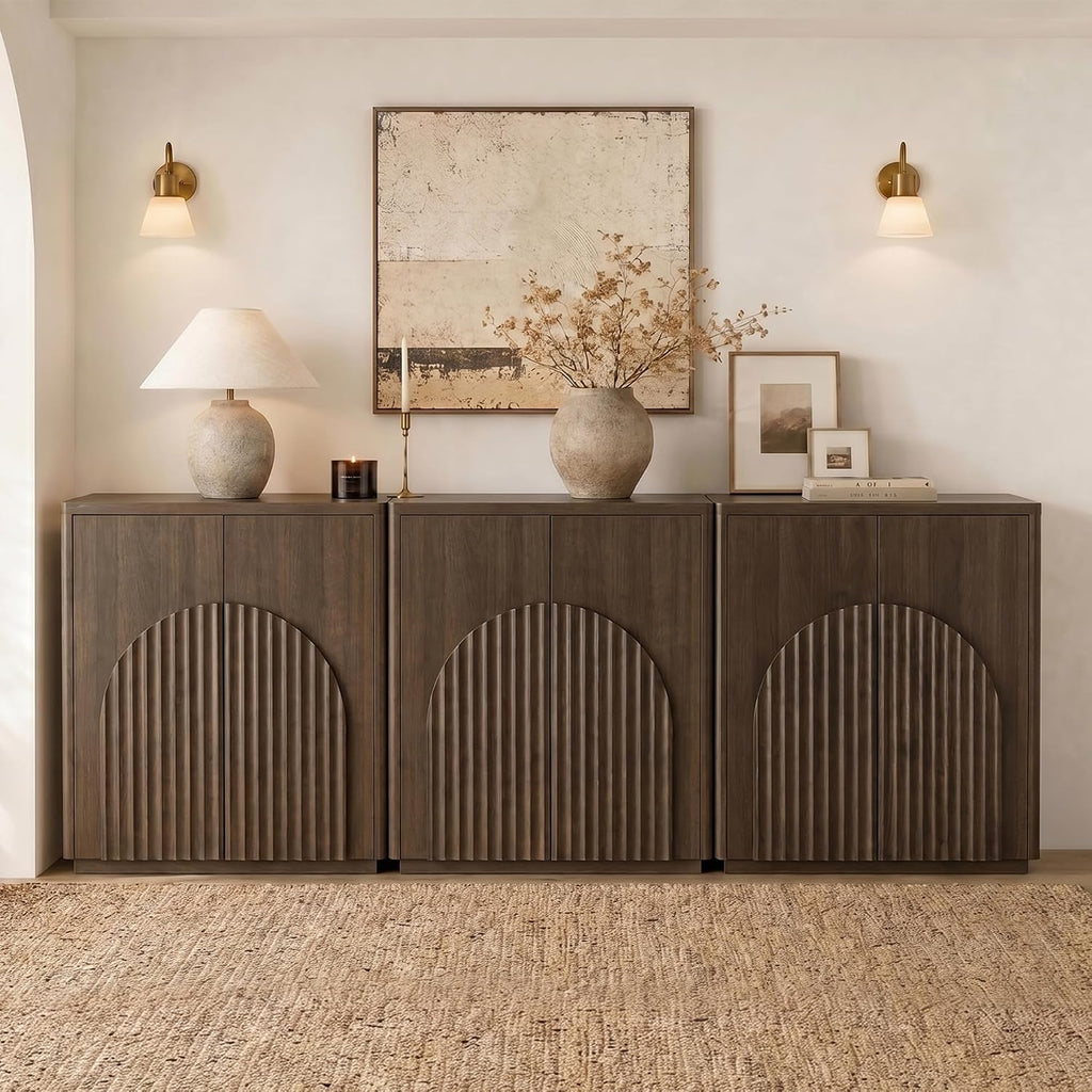 CHITA Sideboard Buffet Cabinet with Storage, Small Storage Cabinet with Doors and Shelves for Living Room Accent, Bar, Kitchen, Set of 3, Walnut