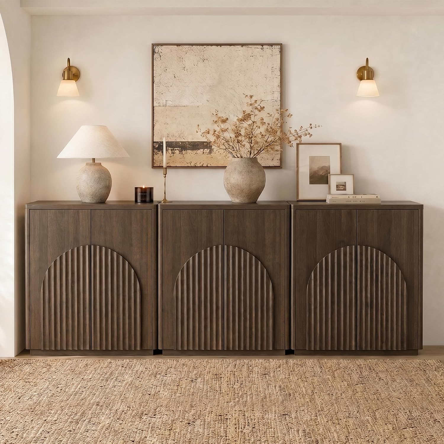 CHITA Sideboard Buffet Cabinet with Storage, Small Storage Cabinet with Doors and Shelves for Living Room Accent, Bar, Kitchen, Set of 3, Walnut