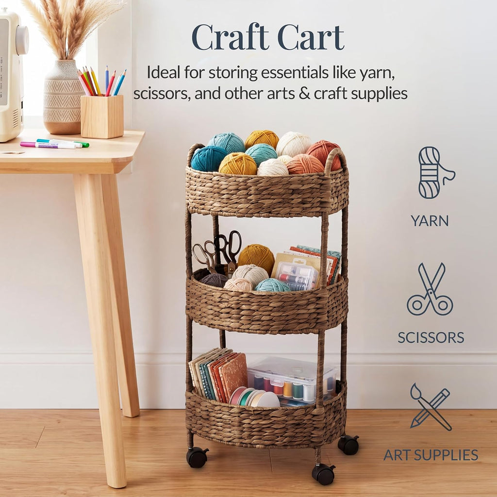Best Choice Products 3-Tier Round Rolling Nursery Caddy w/Wheels, Handwoven Utility Cart, Storage Organization for Bathroom, Craft Room, Laundry Room - Chestnut