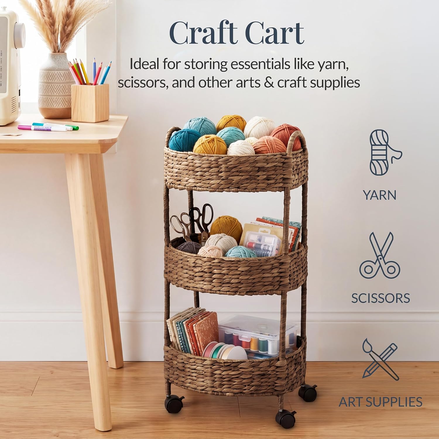 Best Choice Products 3-Tier Round Rolling Nursery Caddy w/Wheels, Handwoven Utility Cart, Storage Organization for Bathroom, Craft Room, Laundry Room - Chestnut