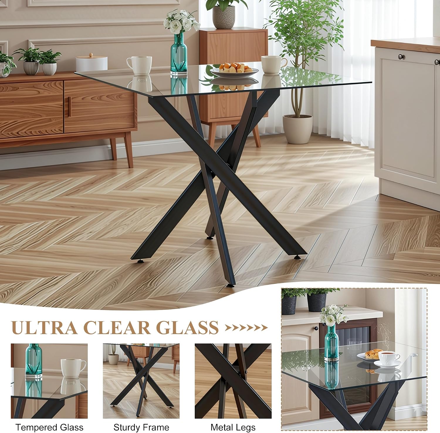 AF ARTISAN FURNITURE 36” Square Glass Dining Table for 4, Clear Tempered Glass Kitchen Table with Black Metal X Legs, Small Square Dining Table for Apartment, Dining Room & Bistro