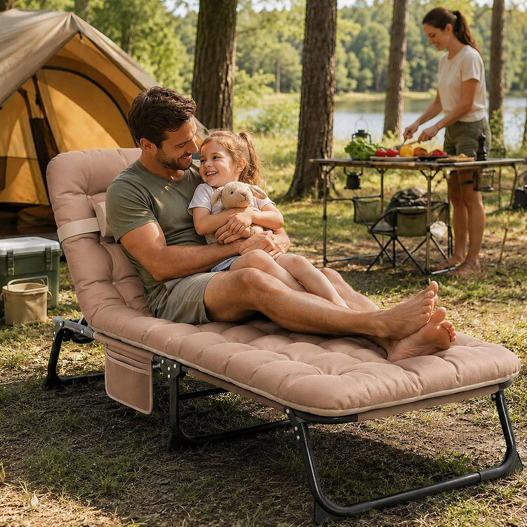 Suteck Tanning Chair with Face Hole, Folding Beach Lounge Chairs, Beige | Adjustable 5-Position Reclining Chaise, Removable Cushion & Pillow, Cooler Bag, 500Lbs Heavy-Duty for Outdoor Camping& Home