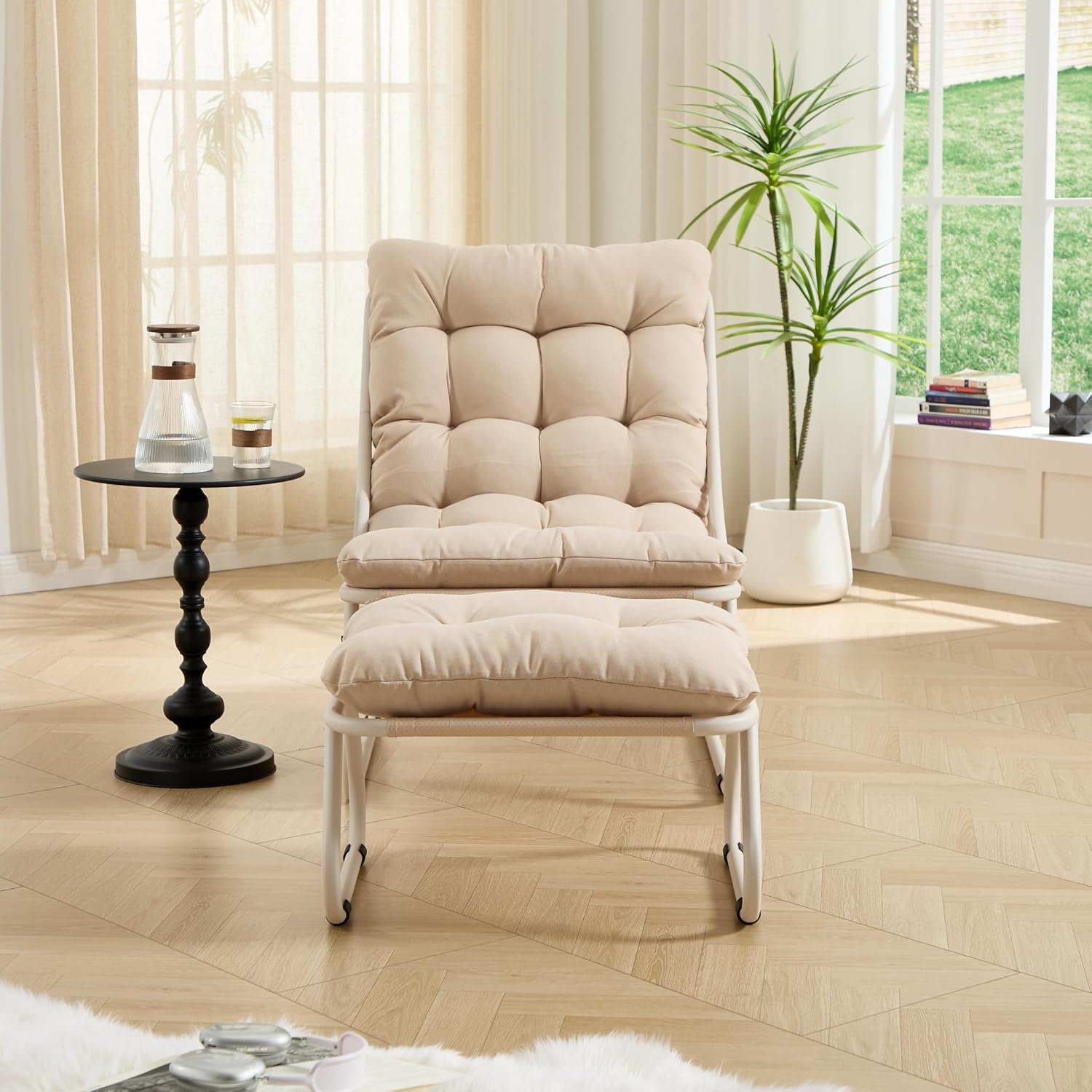 Polay Patio Outdoor Lounge Chair with Ottoman, Comfy Sling Recliner Chair with Puffy Cushion and Foot Stool, Foot Rest Pouf Ottoman for Living Room, Bedroom, Reading Room,A2
