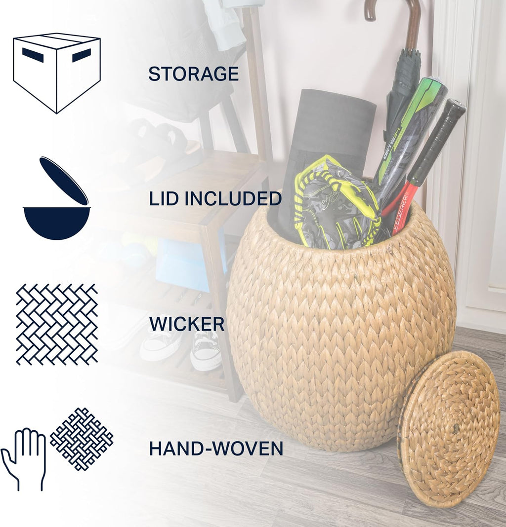 Eyely SSL1000A Noel 17" Bohemian Handwoven Hyacinth Barrel Wicker Storage Basket with Lid Side Table, Accent Table for Bathroom, Bedroom, Living Room, Natural