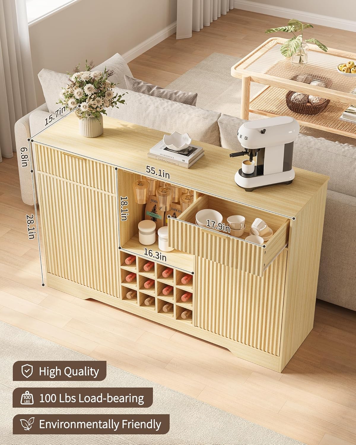 55" Fluted Wine Bar Cabinet - Coffee Bar Cabinets for Home with Storage, 2 Door & 2 Drawer Buffet Sideboard with Liquor Rack and Glass Holder, Alcohol Indoor Bars for Living Room, Kitchen