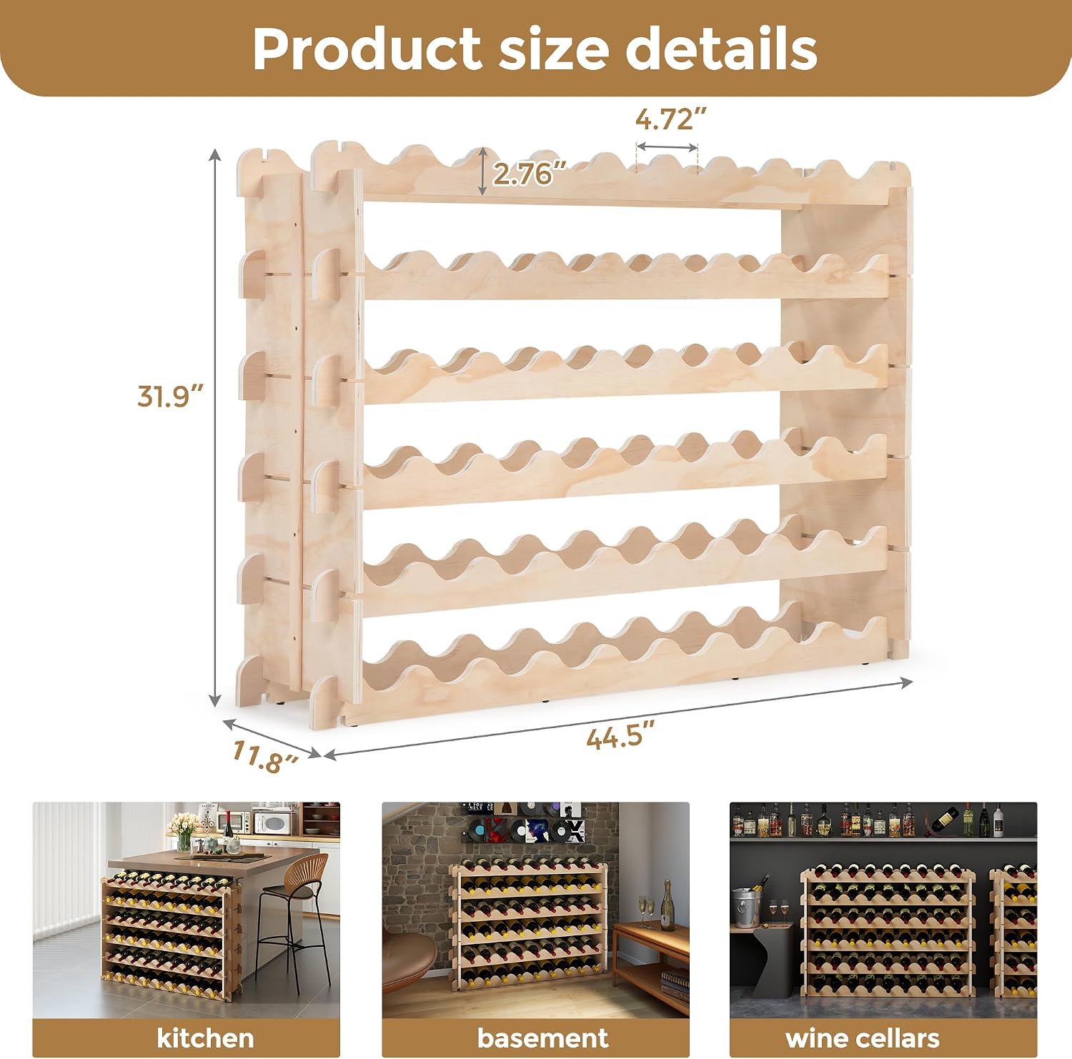 Stackable Wine Rack - 6-Tier Wobble-Free Modular Wine Holder, Freestanding Wooden Wine Storage Shelf for 750ML Bordeaux/Riesling/Burgundy Bottles, Fit Kitchen Cellar Gift for Wine Lovers(54 Bottle)