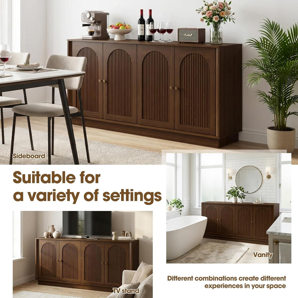 63" Buffet Sideboard Cabinet with Storage, Modern Credenza w/4 Fluted Arched Doors & Adjustable Shelves, Wood Accent Cabinet Coffee Bar Console Table for Living Room Kitchen (Walnut)