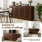 63" Buffet Sideboard Cabinet with Storage, Modern Credenza w/4 Fluted Arched Doors & Adjustable Shelves, Wood Accent Cabinet Coffee Bar Console Table for Living Room Kitchen (Walnut)