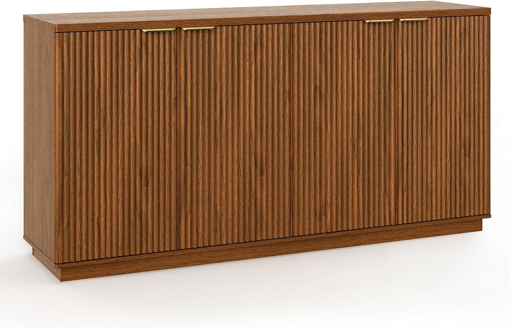 Fluted Sideboard Buffet Cabinet, 63" Wooden Credenza Storage Cabinet with 4 Doors and Adjustable Shelves, Fluted Sideboard Cabinet for Kitchen, Living Room, Brown