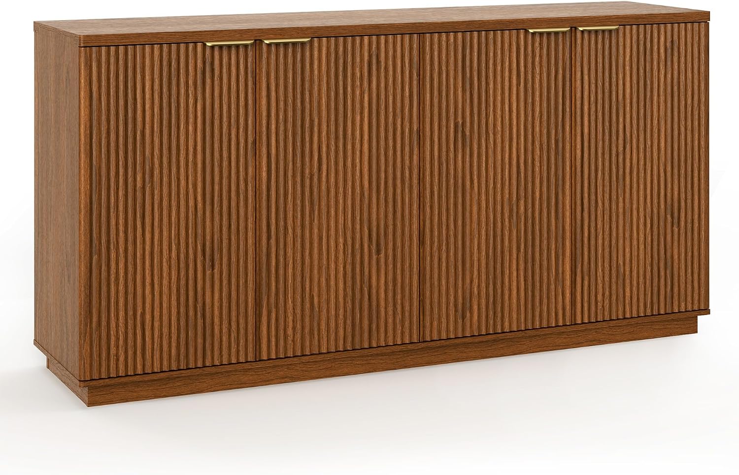 Fluted Sideboard Buffet Cabinet, 63" Wooden Credenza Storage Cabinet with 4 Doors and Adjustable Shelves, Fluted Sideboard Cabinet for Kitchen, Living Room, Brown
