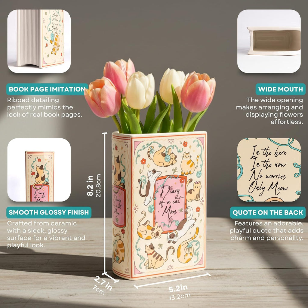 Occasionals Book Shaped Ceramic Vase, for Home Decor, Cute Bookshelf Decor, Unique Gift for Book Lovers, Readers, Cat Lovers and Cat Mom. Decorative Flower Vase for Home Office, Kitchen, Bookshelf