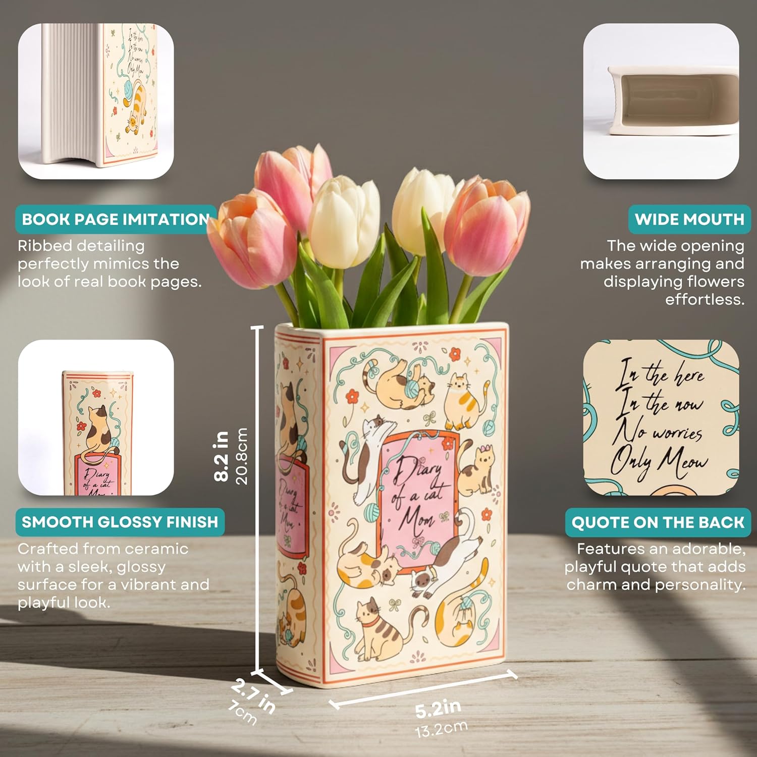 Occasionals Book Shaped Ceramic Vase, for Home Decor, Cute Bookshelf Decor, Unique Gift for Book Lovers, Readers, Cat Lovers and Cat Mom. Decorative Flower Vase for Home Office, Kitchen, Bookshelf