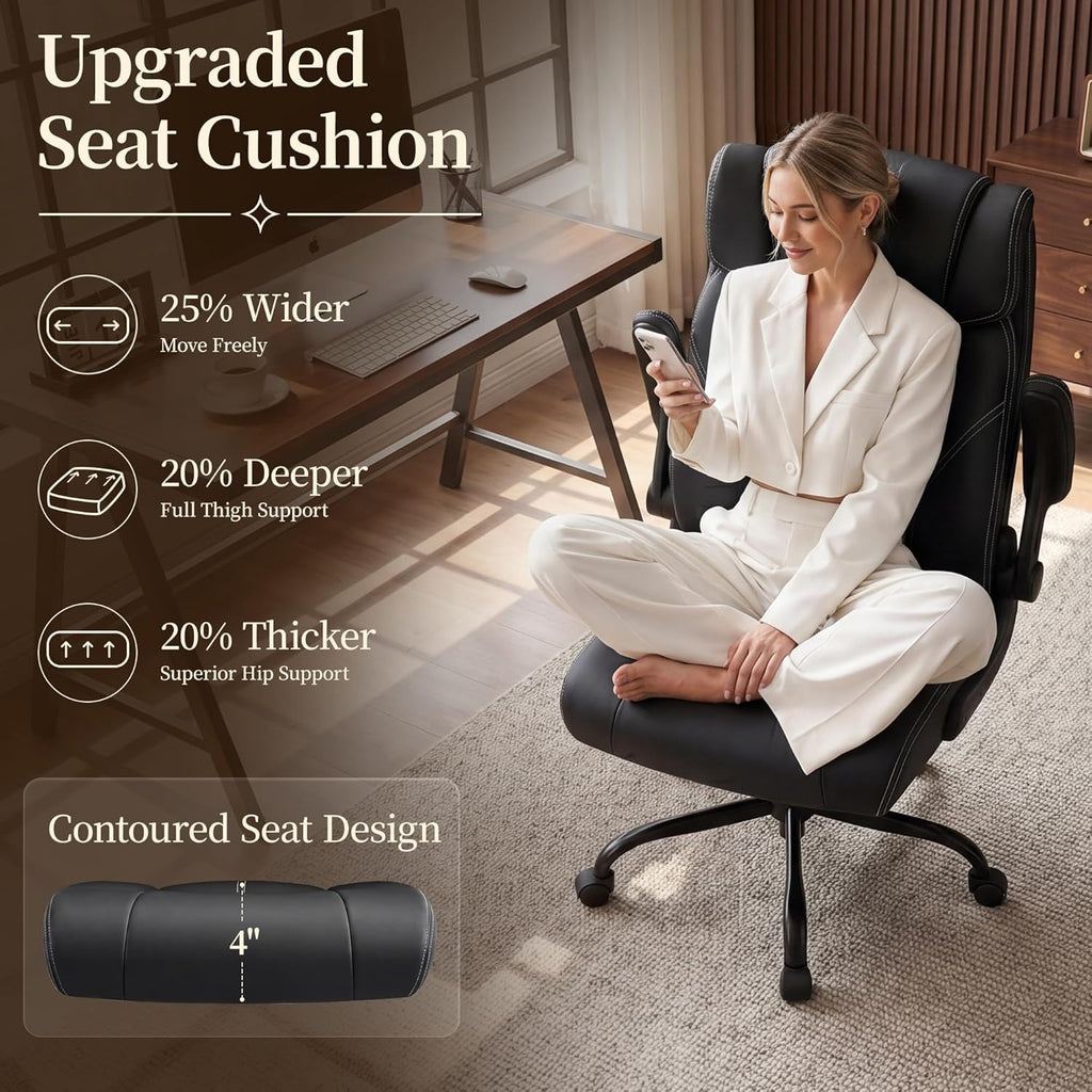 Office Chair, Leather Ergonomic Computer Desk Chair with Rocking Function, High Back Executive Home Office Chair with Adjustable Flip-up Armrests, Lumbar Support, 360° Swivel, Black