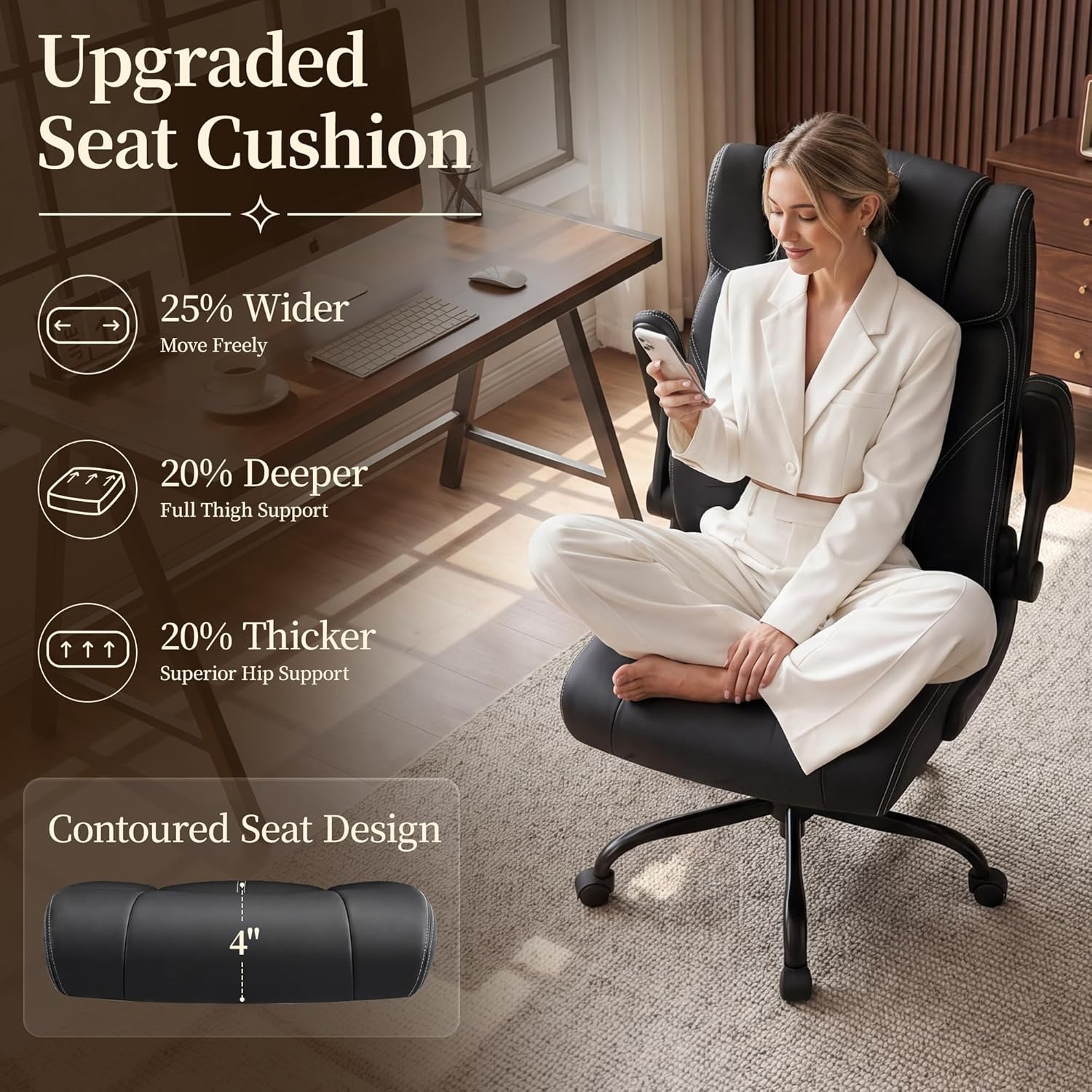 Office Chair, Leather Ergonomic Computer Desk Chair with Rocking Function, High Back Executive Home Office Chair with Adjustable Flip-up Armrests, Lumbar Support, 360° Swivel, Black