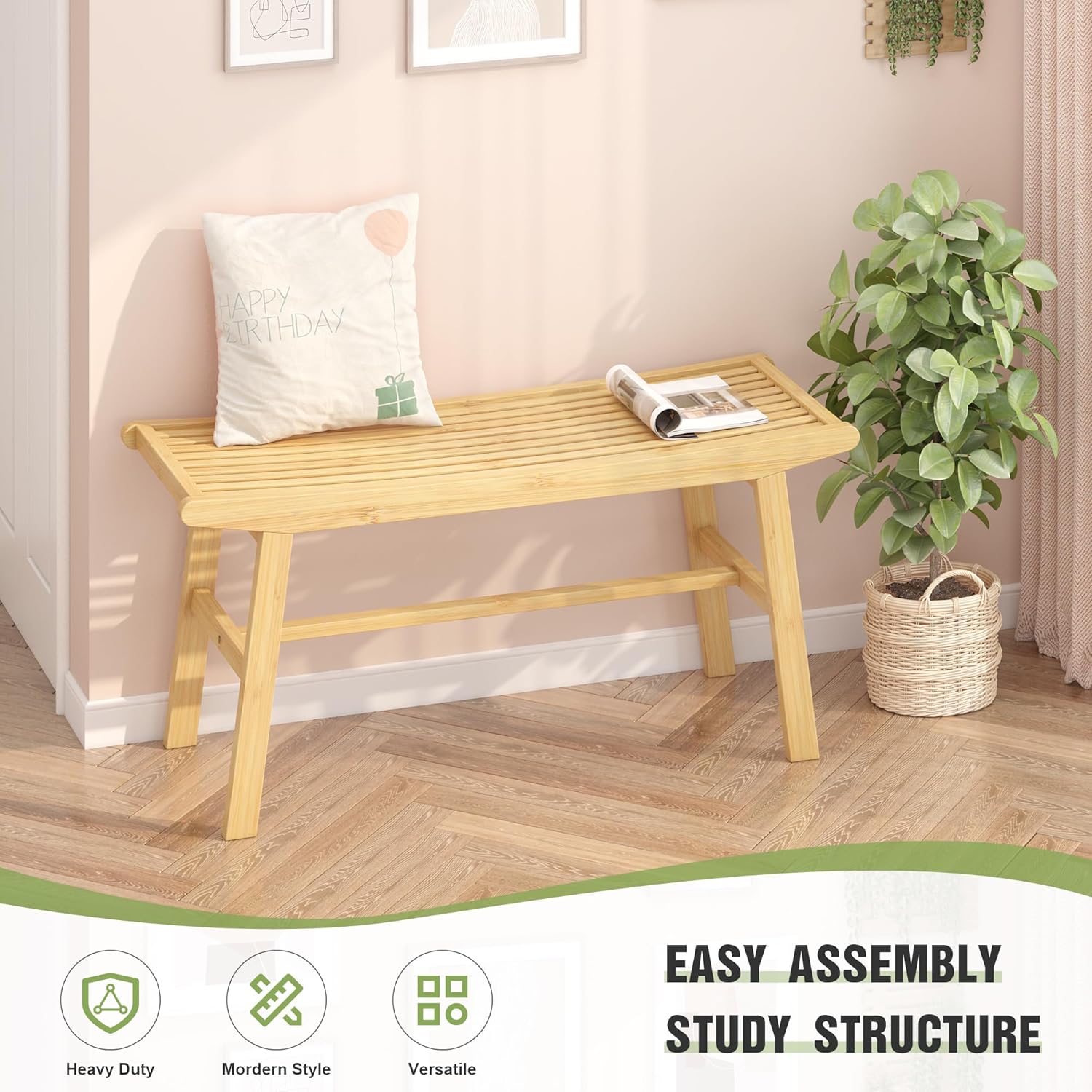 Bamboo Dining Bench Indoor Long Bench Sturdy & Comfortable Indoor Storage Bench Durable Slat Woven Design Modern Entryway Seating for Hallway (Nature, 1 Tier)