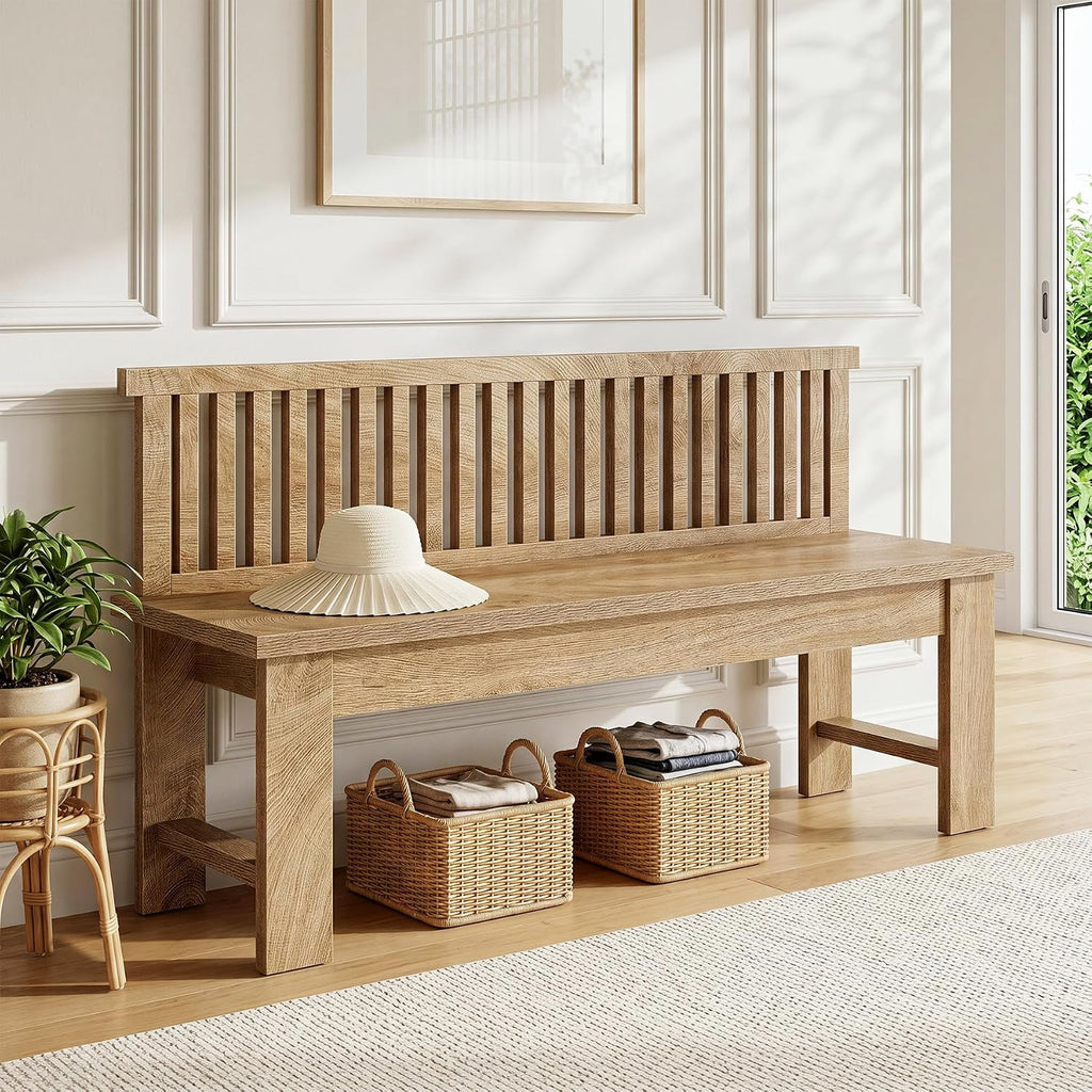 Tribesigns 55-Inch Entryway Bench, Farmhouse Seating Bench with Vertical Stripes Backrest, for Hallway, Kitchen, Living Room, Easy to Assemble, Brown