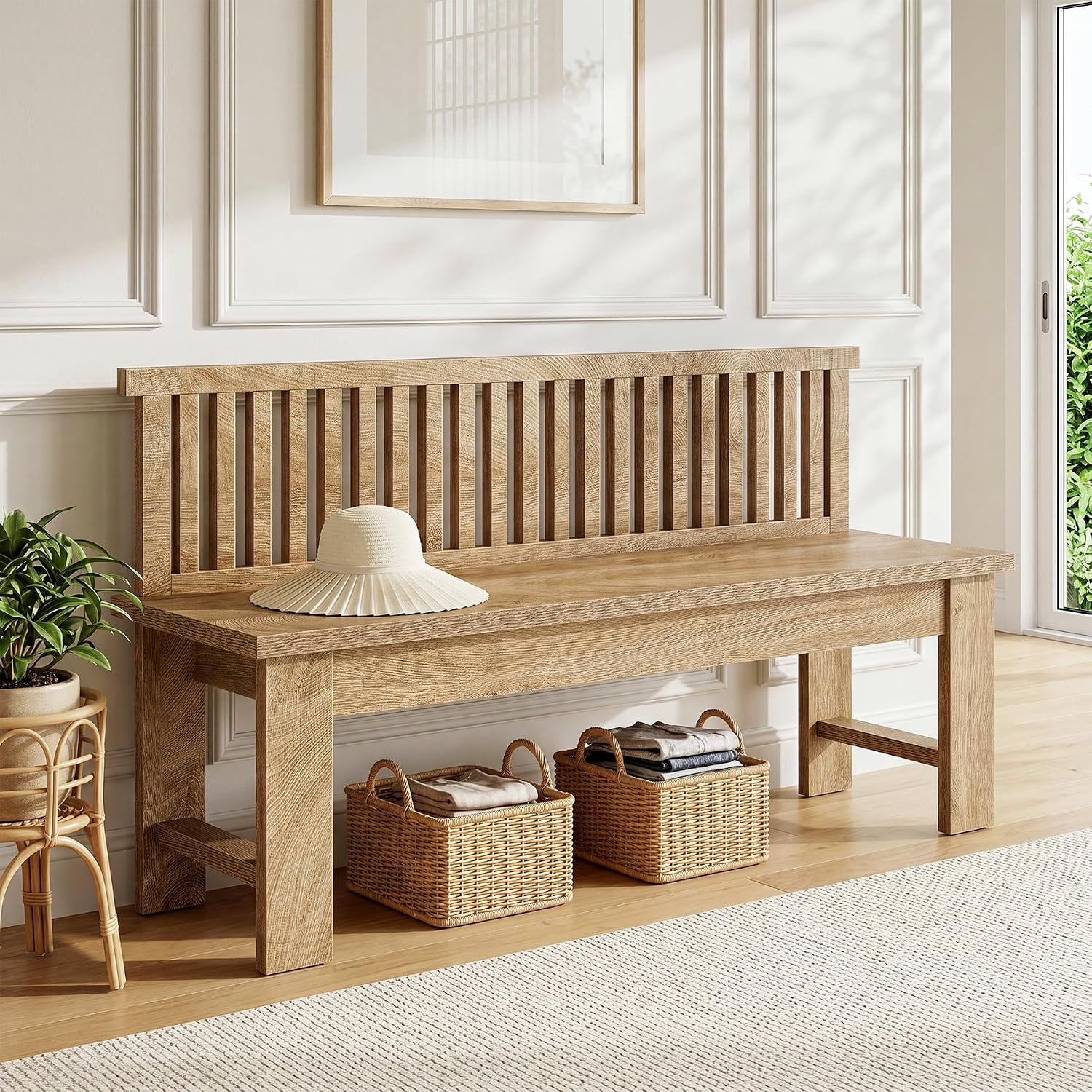 Tribesigns 55-Inch Entryway Bench, Farmhouse Seating Bench with Vertical Stripes Backrest, for Hallway, Kitchen, Living Room, Easy to Assemble, Brown