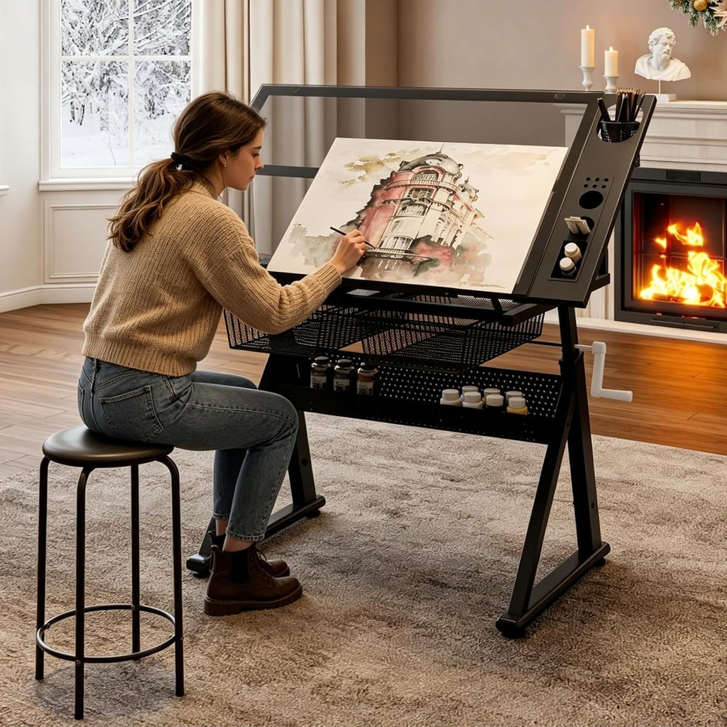 Drafting Table with Stool, Upgraded Height Adjustable Drawing Desk Art Table Drafting Desk with 0-75° Tilting Glass Tabletop and More Storage for Home Office, Type 2-Black