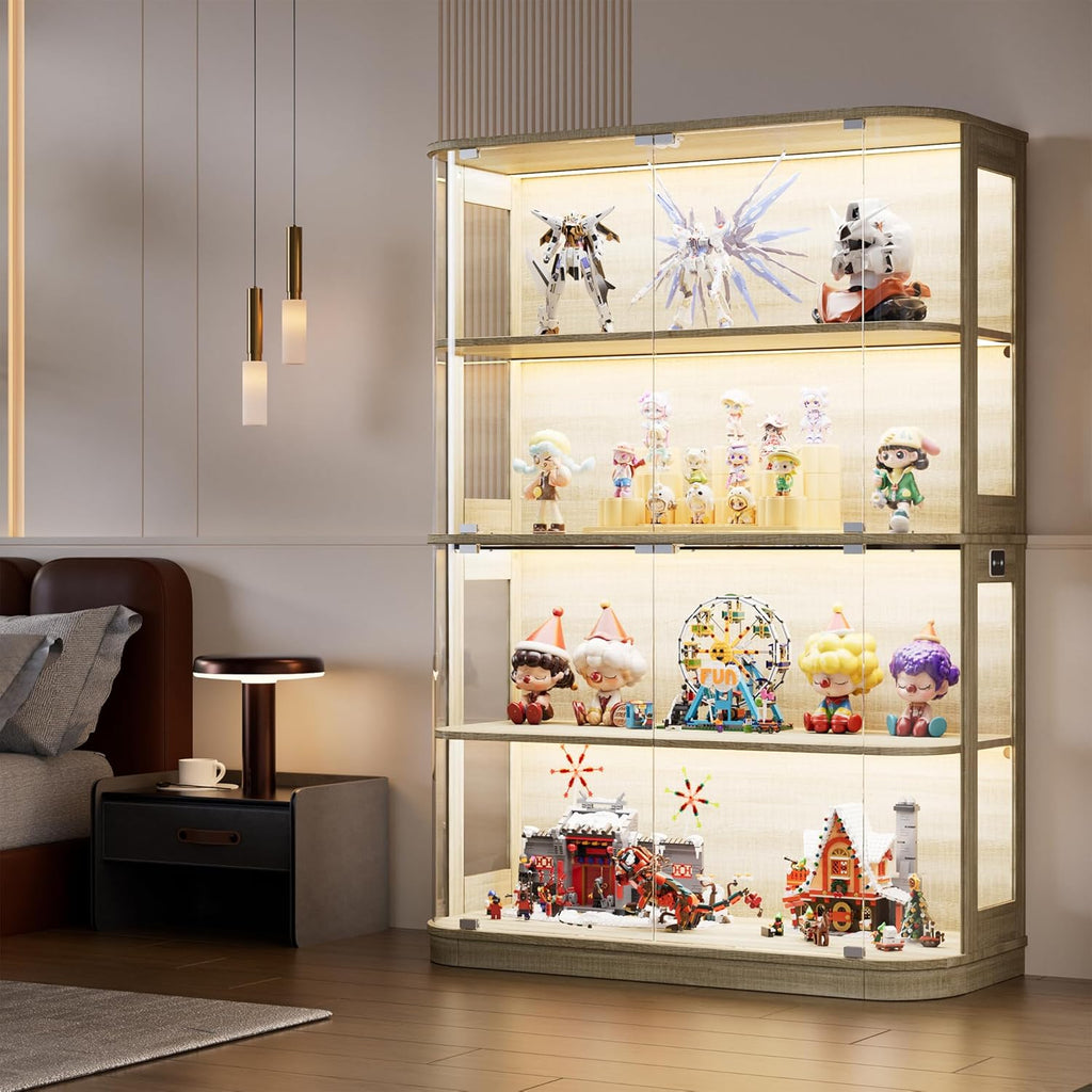 PAKASEPT 47.2" Large Rounded Display Cabinet with Glass Doors, 4-Tier Curio Cabinet Storage Case with LED Lights & Press-to-Open Doors, Modern Display Shelf for Collectible,Human Body Sensor, Natural