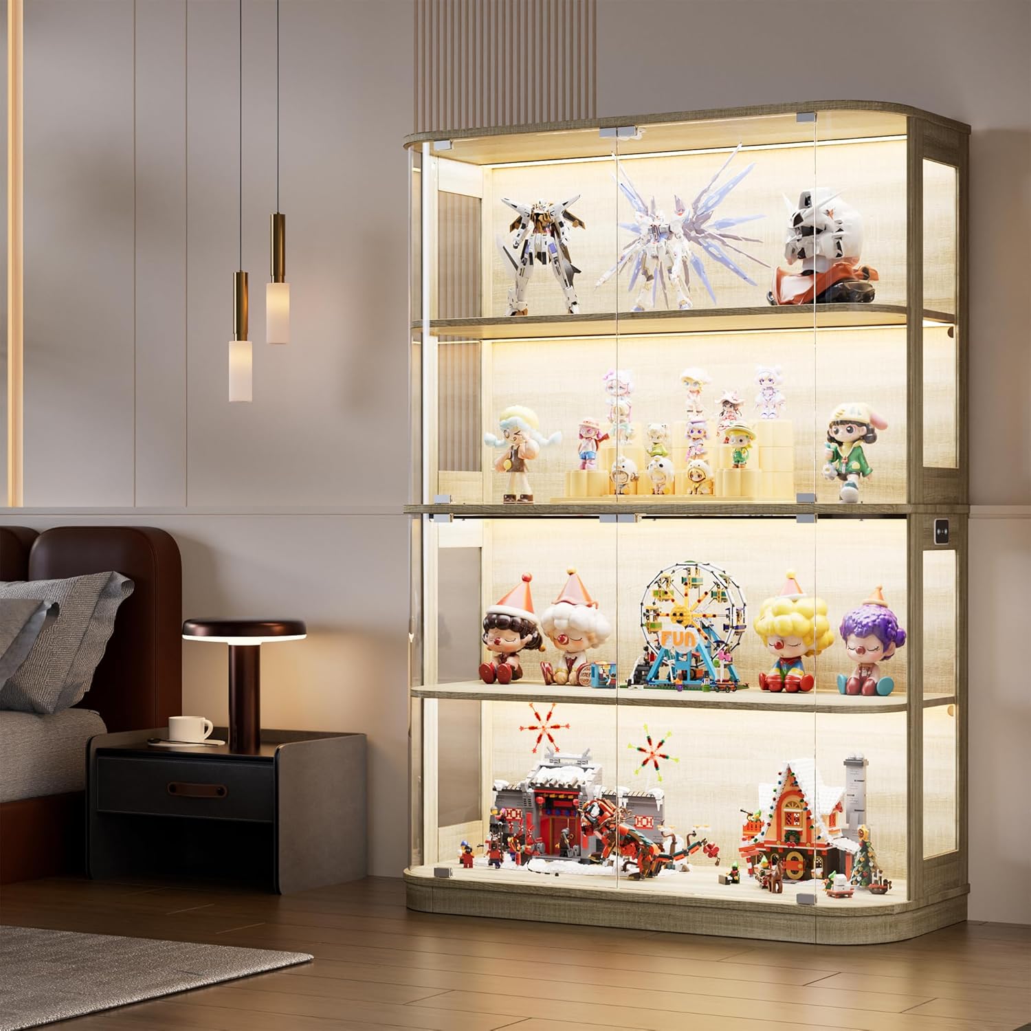 PAKASEPT 47.2" Large Rounded Display Cabinet with Glass Doors, 4-Tier Curio Cabinet Storage Case with LED Lights & Press-to-Open Doors, Modern Display Shelf for Collectible,Human Body Sensor, Natural