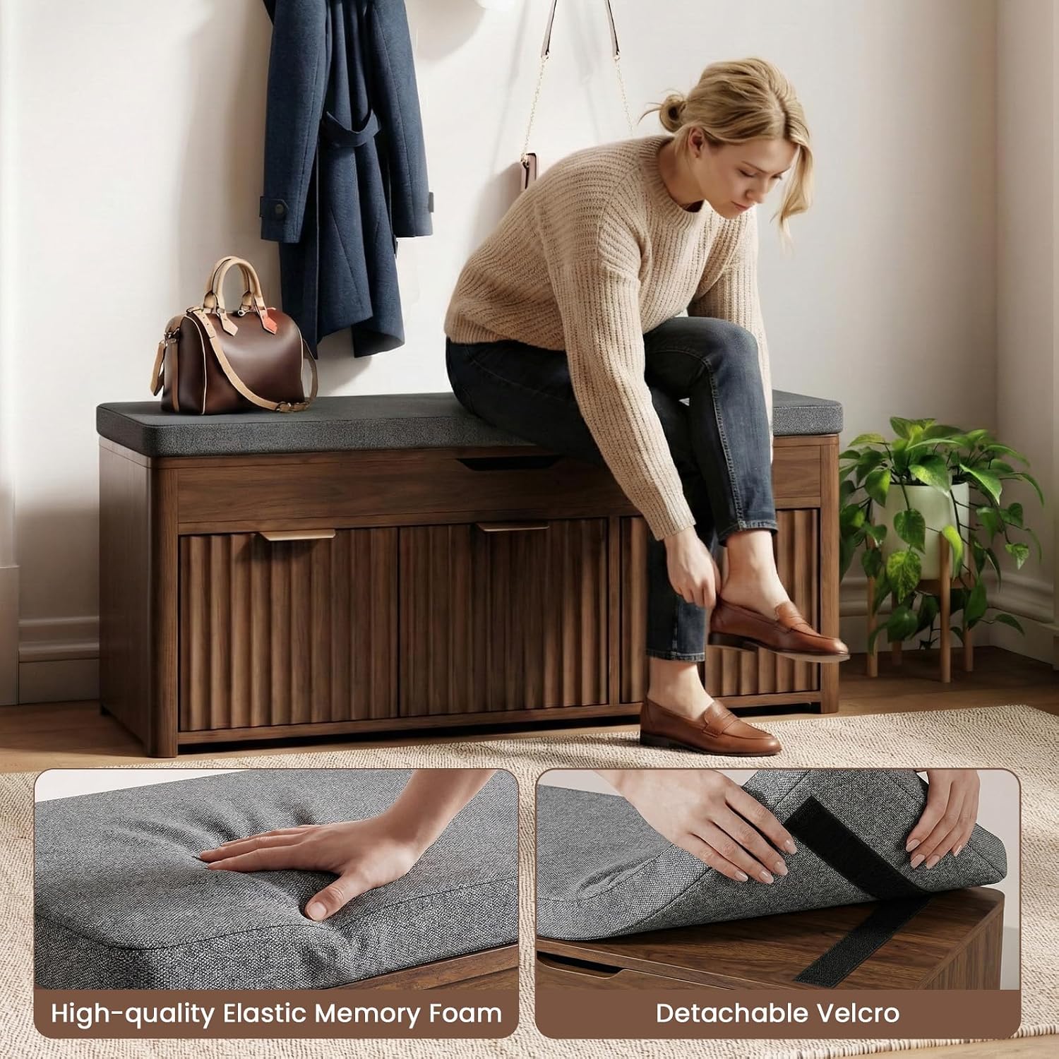 Shoe Bench with Storage, Lift Top Entryway Bench with Hidden Storage, 2-Tier Adjustable Shoe Rack and Cushioned Seat, Wooden End of Bed Bench for Bedroom, Living Room, Hallway, Walnut