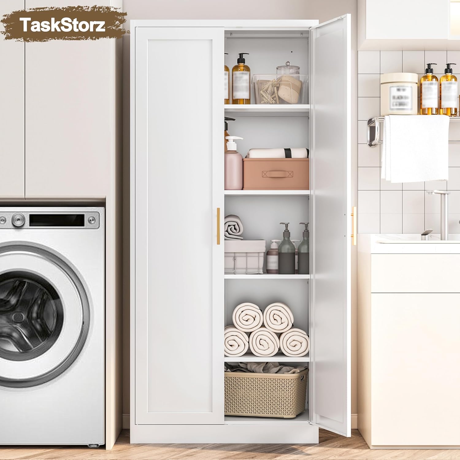 71" Tall White Metal Pantry Cabinet, Freestanding Storage Cupboard with Doors & 4 Adjustable Shelves, for Kitchen, Dining Room & Living Room