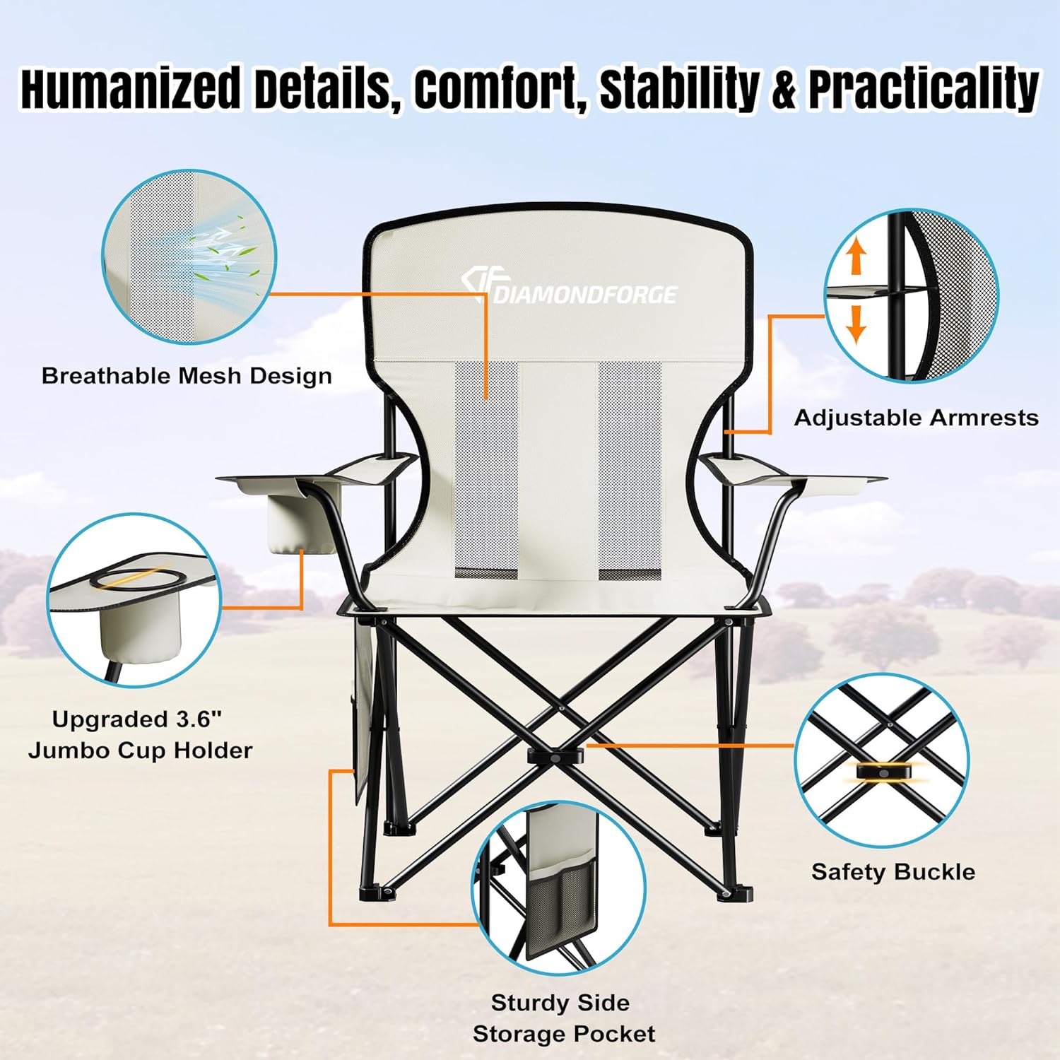 Camping Chairs, High Back Breathable Mesh Camping Chair 300 LBS Capacity, Portable Outdoor Lawn Chairs Folding with Cup Holder for Picnic, Lawn, Beach, Fishing and Sports (Grey)