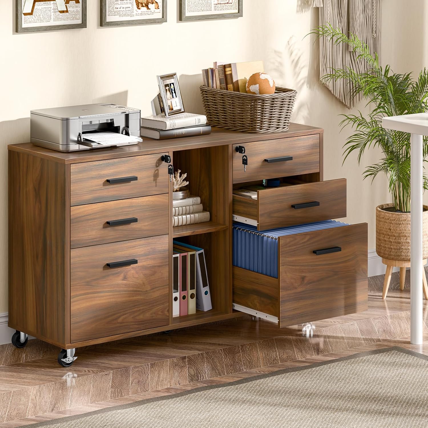Halitaa Lateral File Cabinet with Lock, Large Mobile Storage Filing Cabinet with 6 Drawers Fits Files Letter/A4 Size, Rolling Printer Stand with Open Storage Adjustable Shelf for Home Office, Brown