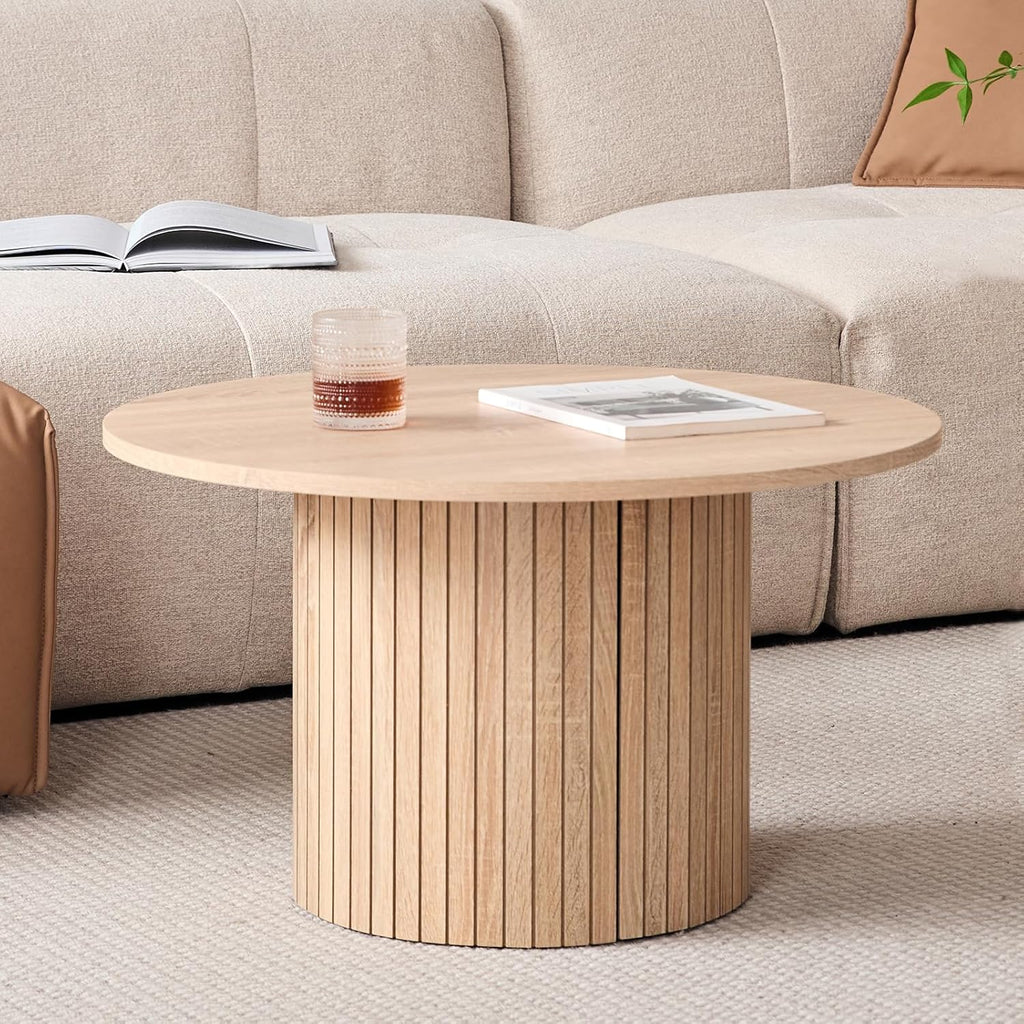 Round Nesting Coffee Tables Set of 2 -φ27.6 Large Short + φ15.8 Small Tall Boho Circle Side Tables with Fluted Drum Design, Natural