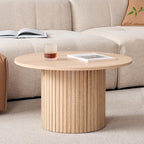 Round Nesting Coffee Tables Set of 2 -φ27.6 Large Short + φ15.8 Small Tall Boho Circle Side Tables with Fluted Drum Design, Natural