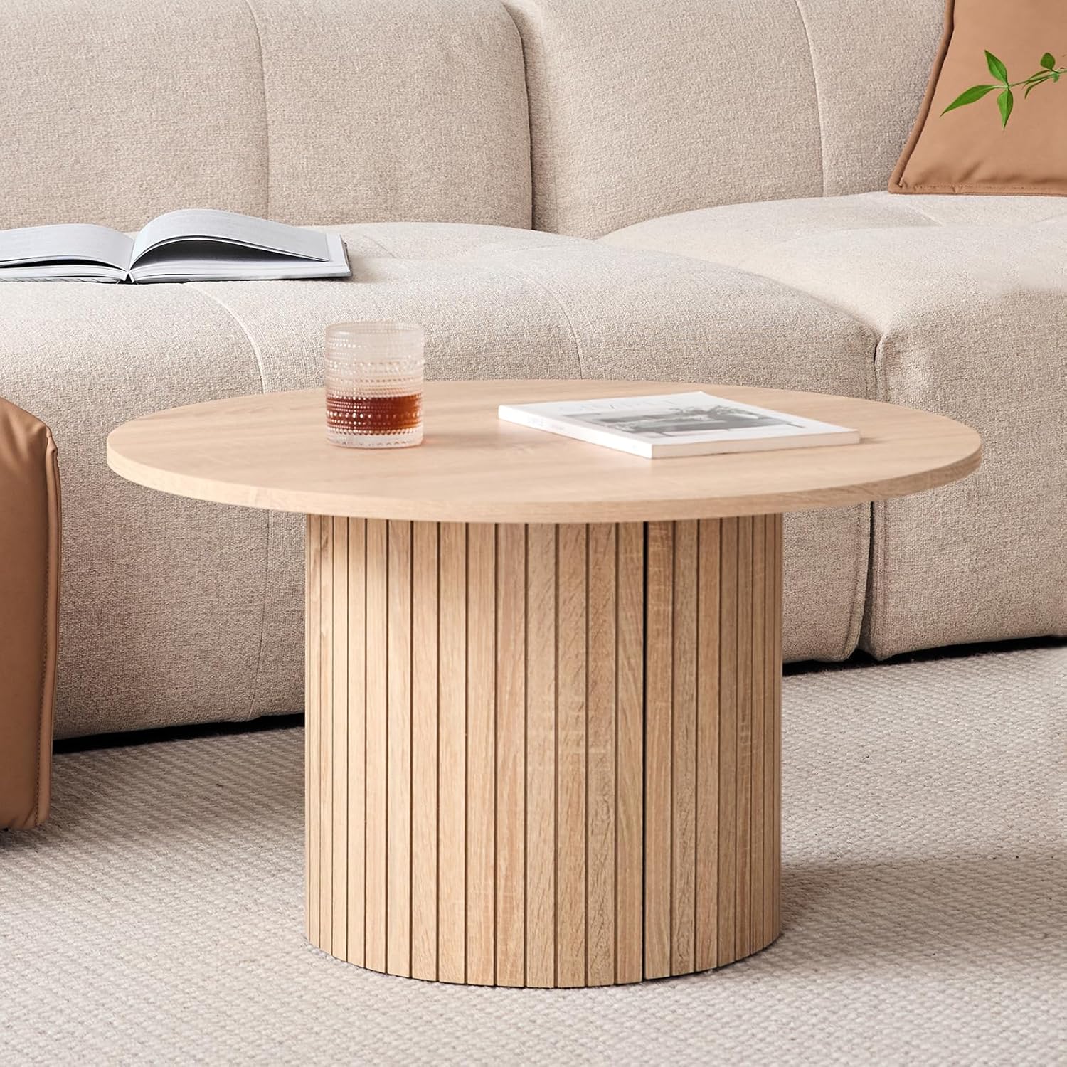 Round Nesting Coffee Tables Set of 2 -φ27.6 Large Short + φ15.8 Small Tall Boho Circle Side Tables with Fluted Drum Design, Natural