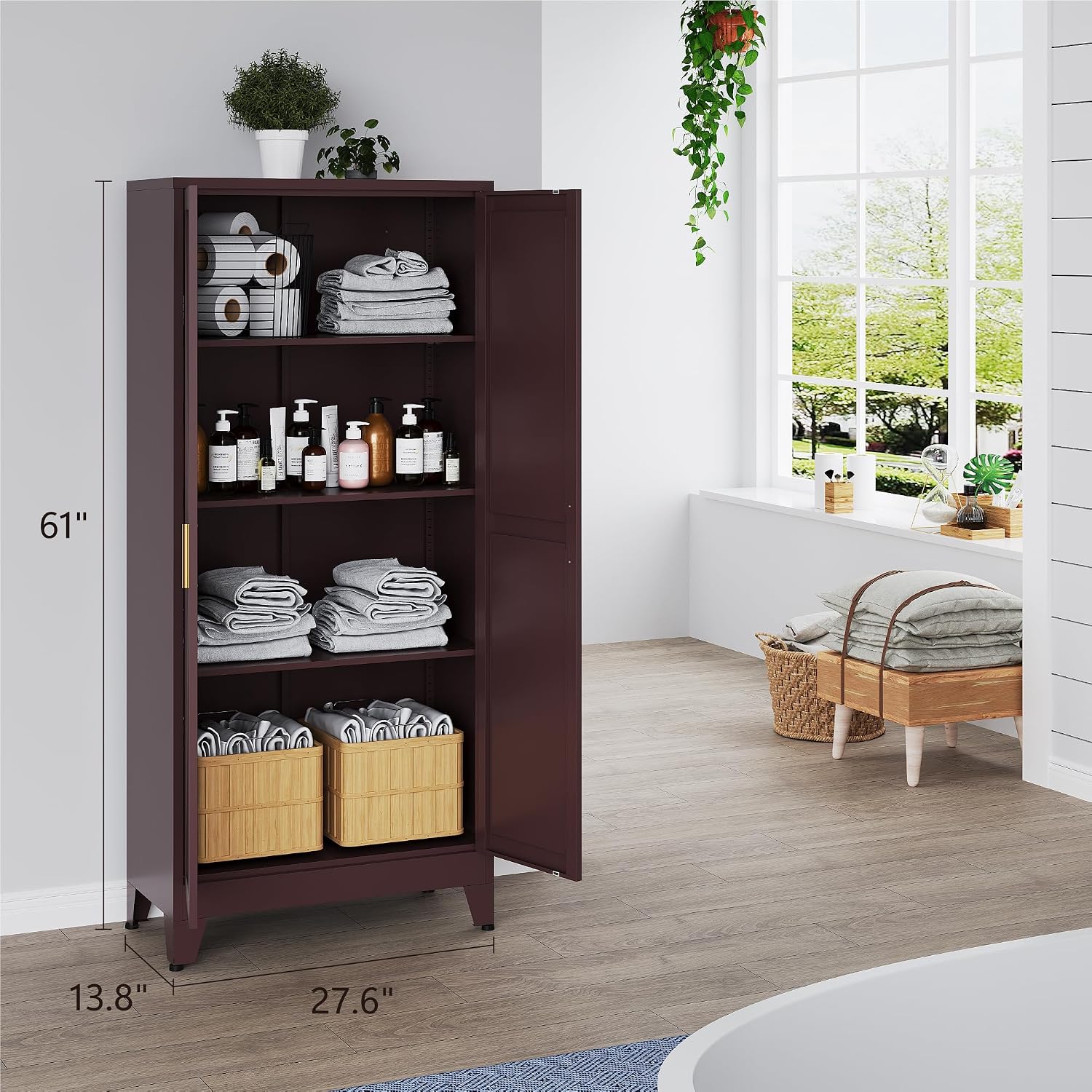 Washsemba 61" Tall Farmhouse Metal Pantry Cabinet, Kitchen Pantry Storage Cabinets with 2 Barn Door and Adjustable Shelves,for Kitchen,Laundry Room,Home Office,Kids Room （Burgundy）