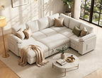 108 Inch Sectional Sleeper Sofa Bed with Pull Out Couch, U Shaped 7 Seat Cloud Modular Sectional Sofa with Storage, Corduroy Sectional Couches for Living Room, Removable Sofa Cover, Beige