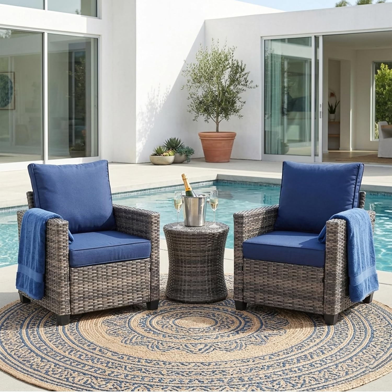 2 Piece Outdoor Patio Sofa Chairs Set, Wicker Armchairs with 4.3" Thick Cushions & High Backrests, All-Weather Rattan Porch Chairs, Patio Furniture Set for Balcony, Deck,(Blue)
