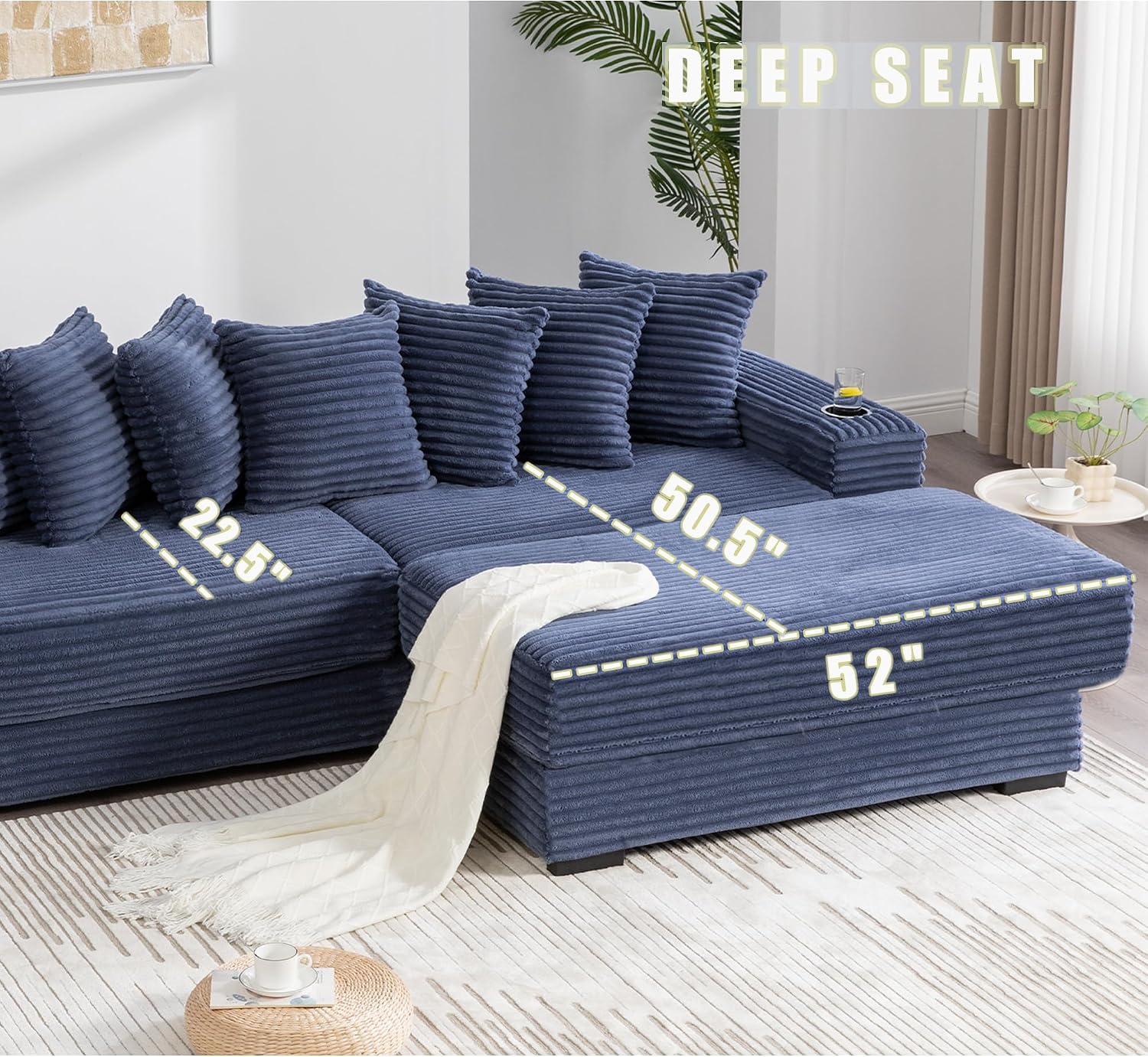 Modular Sectional Sofa Couch, 110.75" Convertible Sleeper Sofa Bed with Movable Ottoman & Cup Holder for Living Room | L Shaped Couch | Pull Out Couch Bed | Plush Corduroy Fabric, Blue