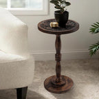 Mango Wooden Accent Table 12x22 Round Handcrafted Carved Side Table,Natural Burnt Finish Nightstand,Rustic Wooden End Table, Solid Wood Bedside Table for Bedroom & Living Room Home Decor