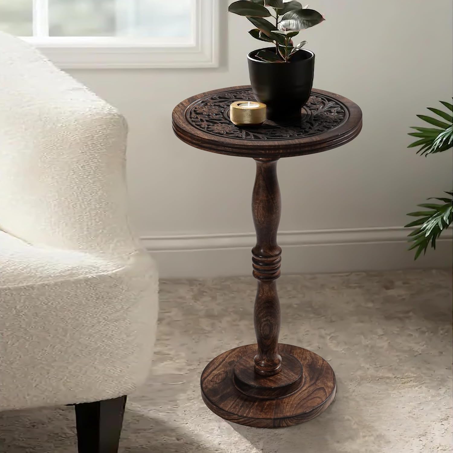 Mango Wooden Accent Table 12x22 Round Handcrafted Carved Side Table,Natural Burnt Finish Nightstand,Rustic Wooden End Table, Solid Wood Bedside Table for Bedroom & Living Room Home Decor