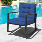 Tangkula Wicker Rocking Chair, Outdoor Glider Rattan Rocker Chair with Heavy-Duty Steel Frame, Patio Wicker Furniture Seat with 5” Thick Cushion for Garden, Porch, Backyard, Poolside (1, Blue)