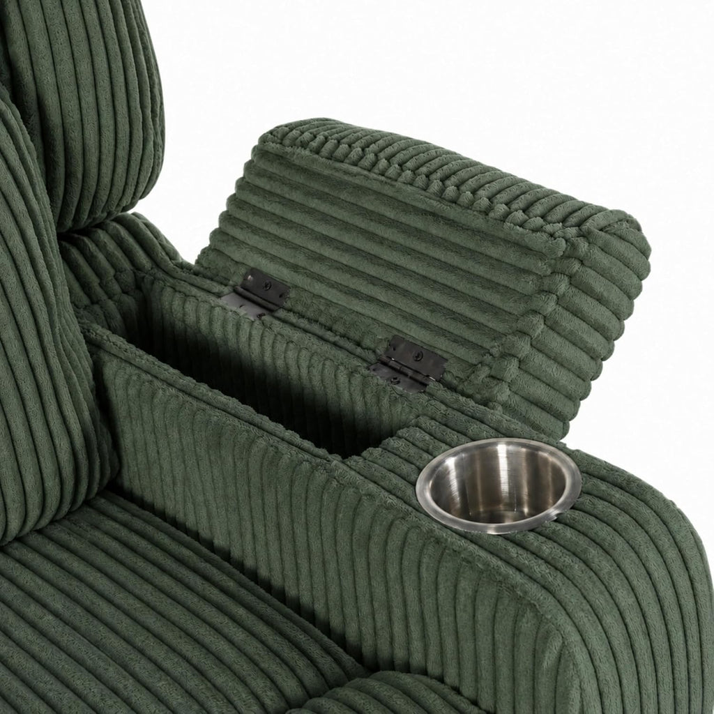 ERYE Power Reclining Chair Corduroy Upholstered Nursery Armchair,Glider Rocker Swivel Recliner W/Vibration Heat,USB-C Ports,Cupholder,Hidden Storage & Adjustable Headrest