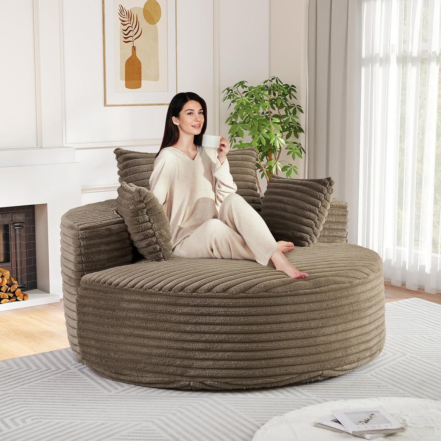 Oversized Round Chaise Longue Chair Indoor, Modern 55-inch Upholstered Corduroy Deep Seat Circle Single Cloud Lounge Floor Sofa Chair for Living Room, Bedroom Apartment, Brown