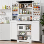 Vongrasig Kitchen Pantry Storage Cabinet with Barn Doors, Drawer and Adjustable Shelves, 6-Tier Tall Rustic Wood Cupboard Locker for Kitchen, Dining Room, Living Room, Bathroom, (White)