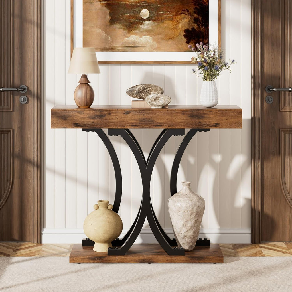 JUSTOGO 43.3" Console Table for Entryway, Industrial Sofa Table Entryway Table, Narrow Wood Accent Tables X-Shaped Metal Hallway Table for Living Room, Small Spaces, Entrance, Foyer, Rustic Brown